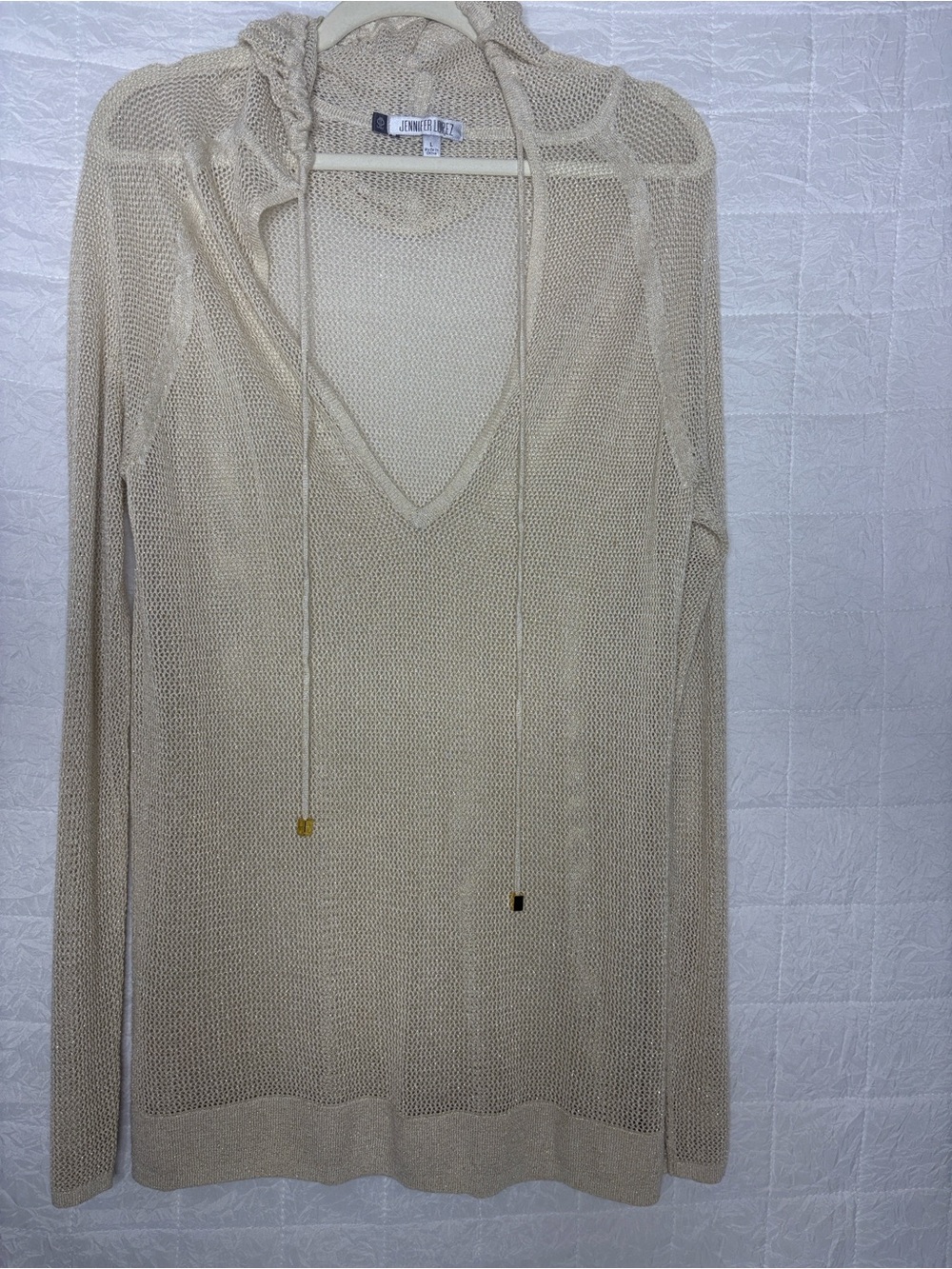 Jennifer Lopez JLO Large Beige Open Knit Hooded Pullover V-Neck Lightweight Boho